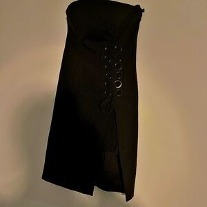 Strapless black midi cocktail dress